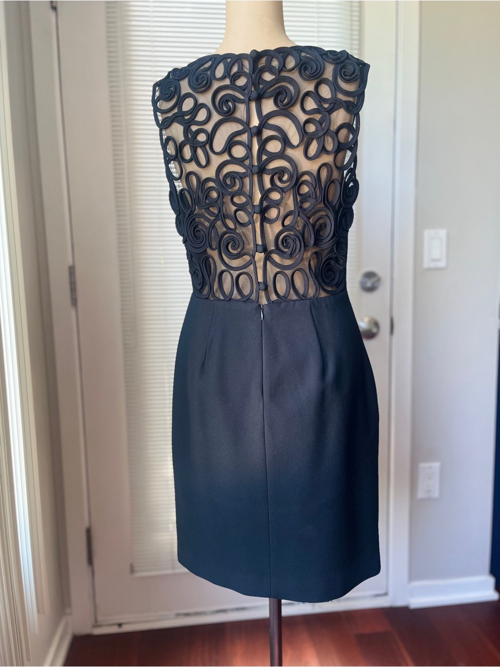 Ann Taylor Black Crepe Square-Neck Sheath Dress Sheer Lattice Back LBD - Picture 4 of 7